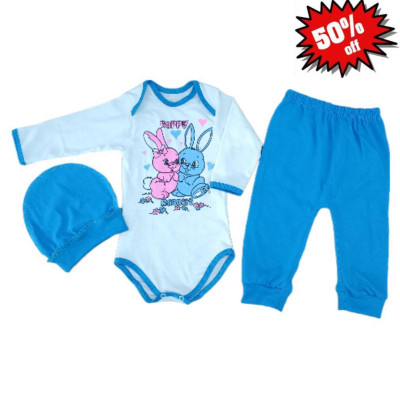 Комплект ясельний (боди довгий рукав+штани+шапка) для хлопчика "Зайчики"